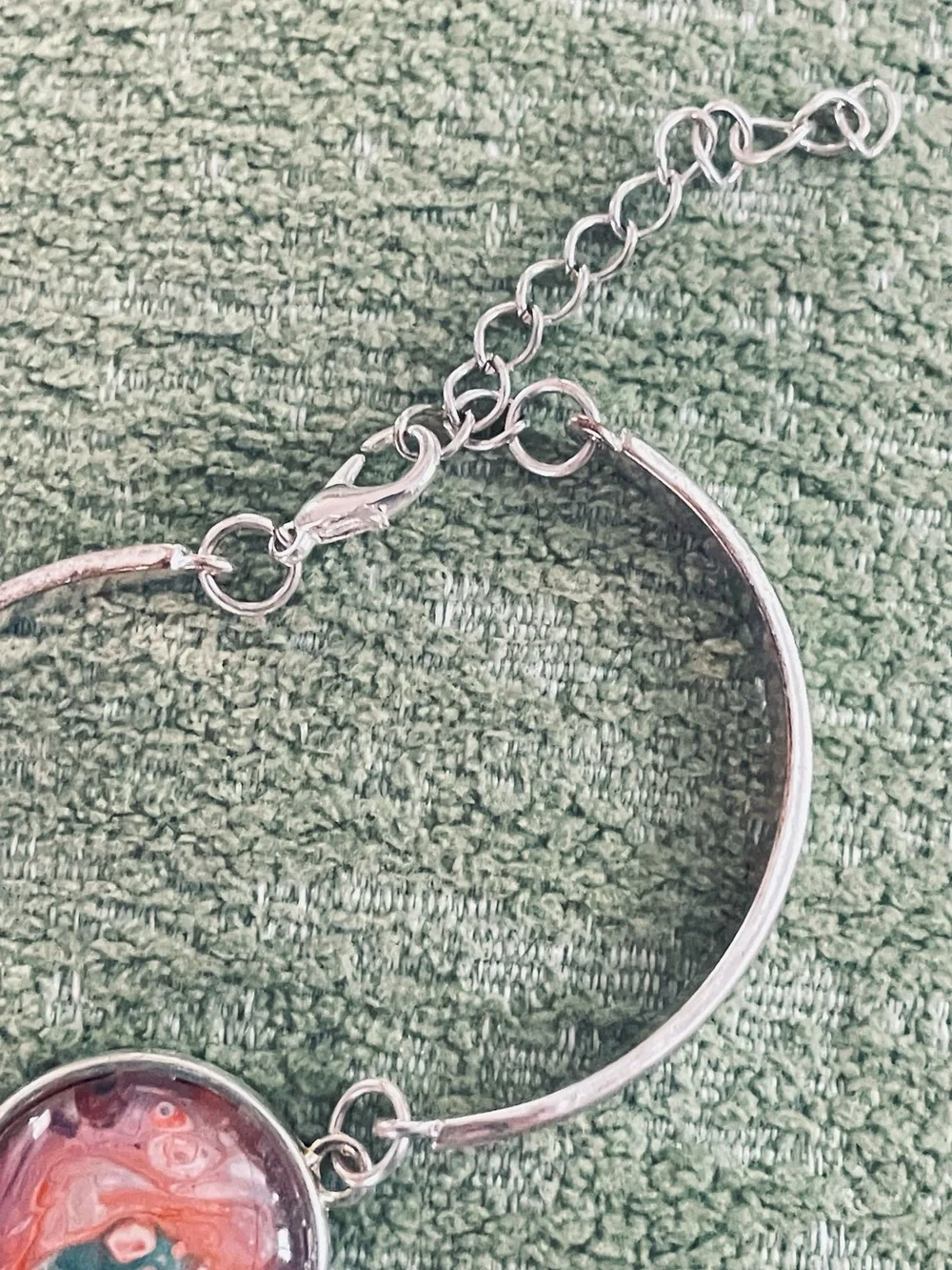 Handcrafted Silver Bracelet with Coral and Teal Glass Cabochon